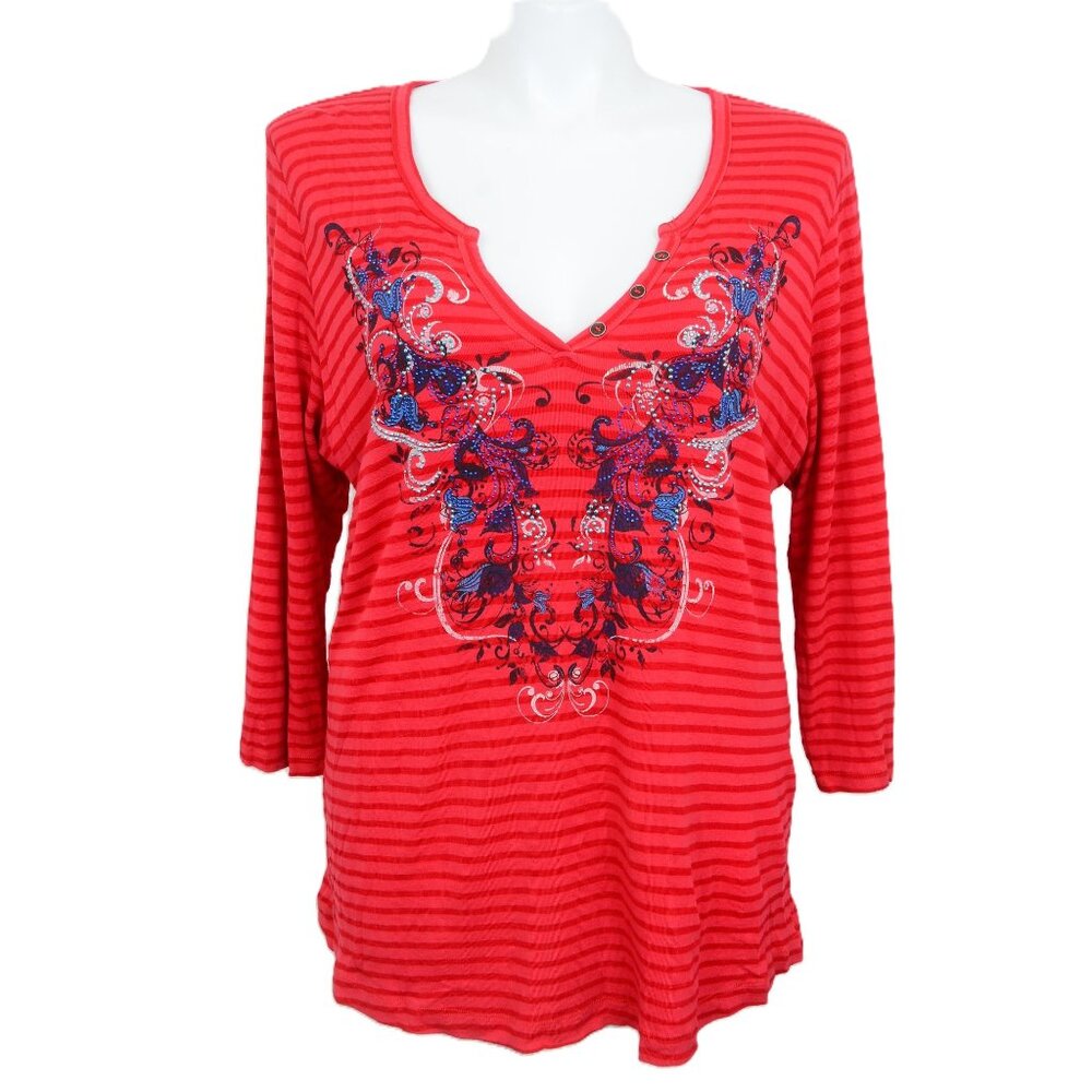Unity World Women's PLUS 3X Red Beaded Henley Top Tee 3/4 Sleeve Holiday Stripe